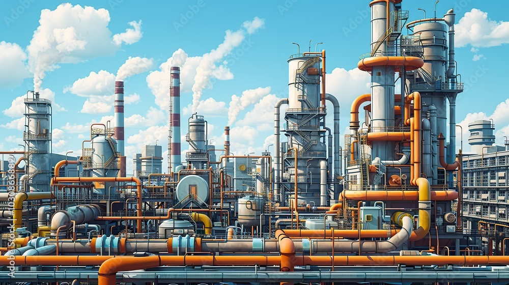 Industrial factory exterior view with a complex tangle of pipes and ducts, set against a backdrop of buildings and smokestacks. Illustration capturing the essence of chemical plants. High resolution Industrial factory exterior view with a complex tangle of pipes and ducts, set against a backdrop of buildings and smokestacks. Illustration capturing the essence of chemical plants. High resolution