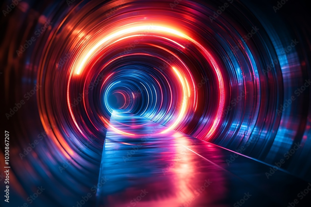 Hypnotic Neon Tunnel Glowing Red and Blue Circles in a Dark Space Hypnotic Neon Tunnel Glowing Red and Blue Circles in a Dark Space