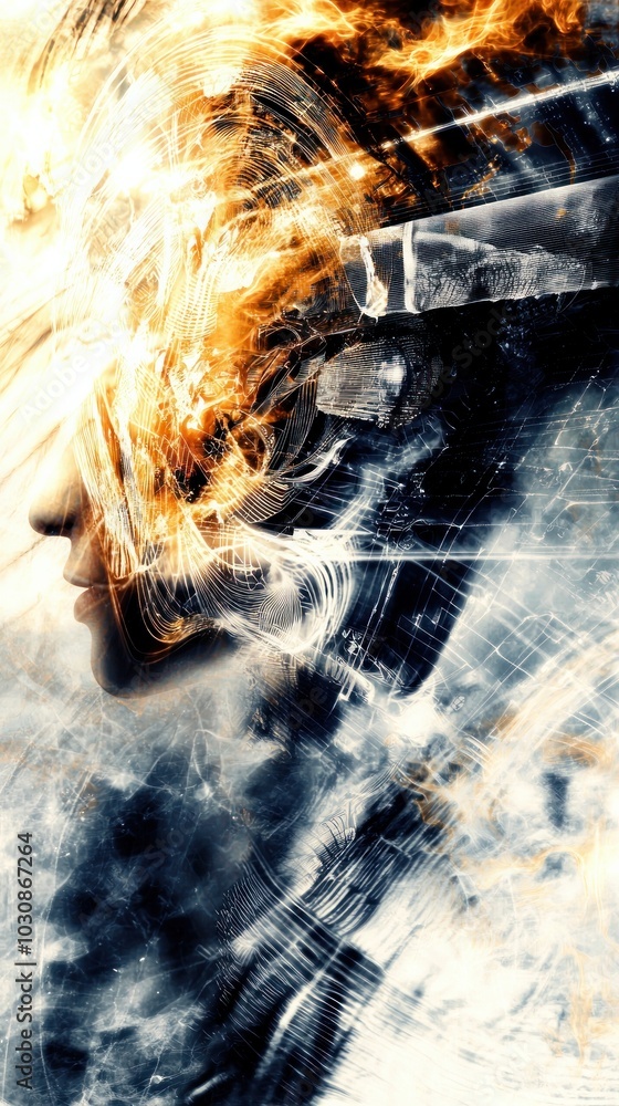 An abstract representation of a human face merging with explosive colors, symbolizing transformation and creativity. An abstract representation of a human face merging with explosive colors, symbolizing transformation and creativity.