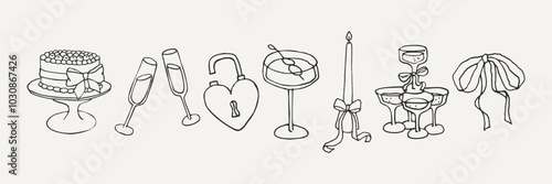 Collection of whimsical wedding line art illustrations. Elegant party hand drawn stickers. Clipart casual scribble. Vintage ink elements for logos, invitations, cards, greetings and more.	