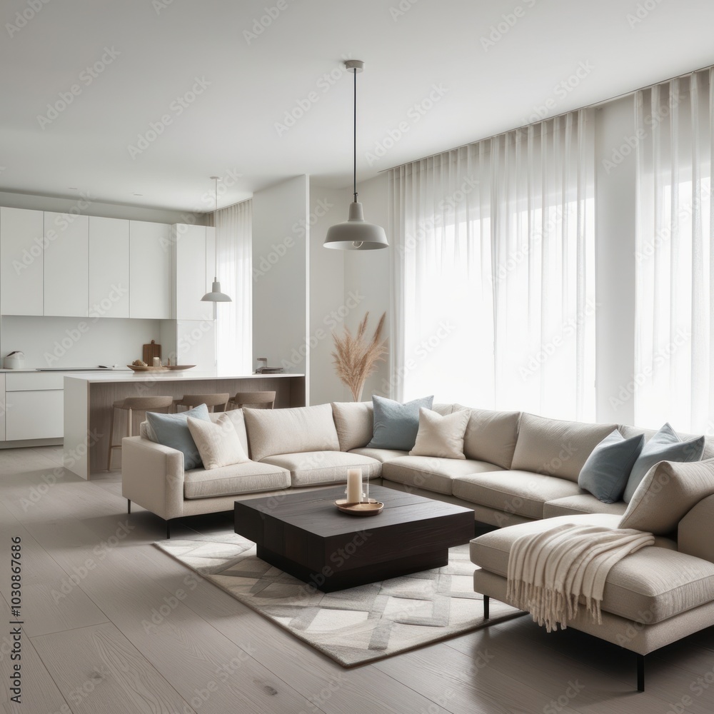 Fototapeta premium Modern living room with a large sectional sofa, a coffee table, and a rug. The room is decorated in a minimalist style with white walls, light wood floors, 