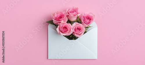 Pink roses in an envelope on a pastel background