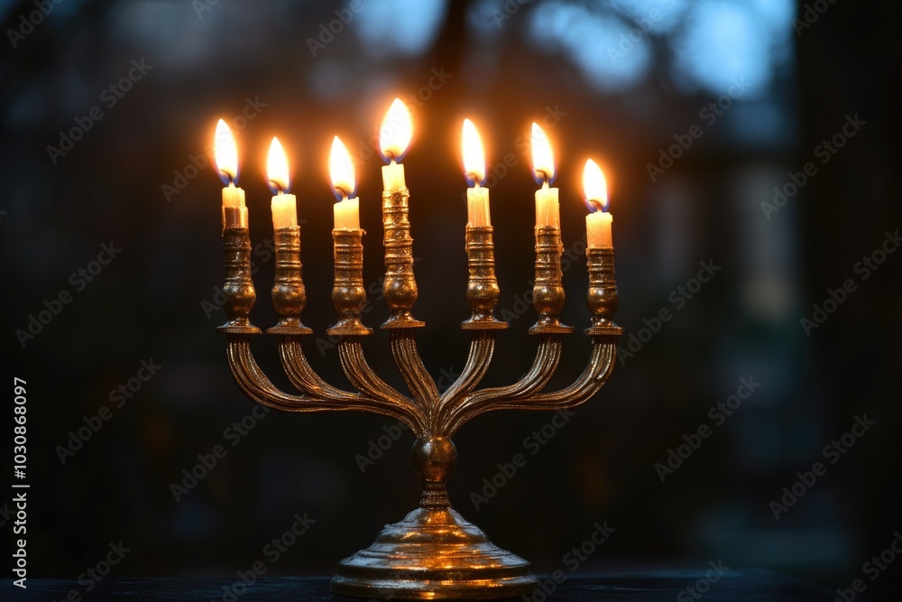 Golden Menorah with Lit Candles Golden Menorah with Lit Candles