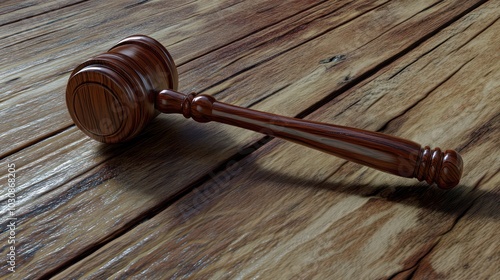 A wooden gavel resting on a wooden table, perfect for various uses photo