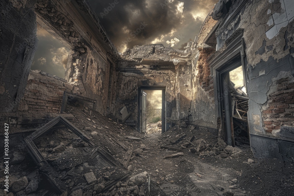 Room filled with debris and rubble Room filled with debris and rubble