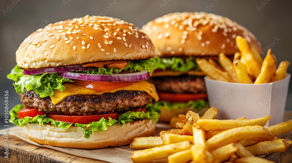 Delicious Cheeseburger with French Fries Fast Food Appetizer Meal Delicious Cheeseburger with French Fries Fast Food Appetizer Meal