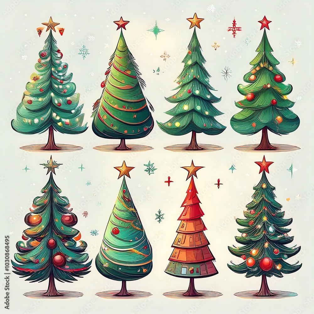 Unique illustrated Christmas trees with ornaments and stars on a festive background. Generative AI art Unique illustrated Christmas trees with ornaments and stars on a festive background. Generative AI art