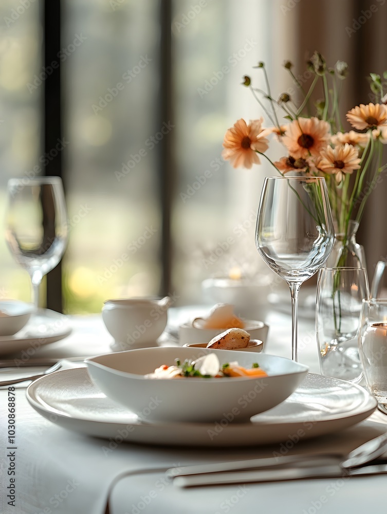 Minimalistic Dining Scene with Elegant Table Setting and Gourmet Meal Minimalistic Dining Scene with Elegant Table Setting and Gourmet Meal