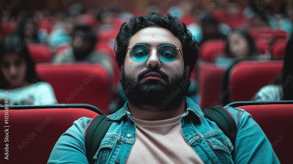 Man in Sunglasses and Denim Jacket Sitting in a Red Chair Man in Sunglasses and Denim Jacket Sitting in a Red Chair