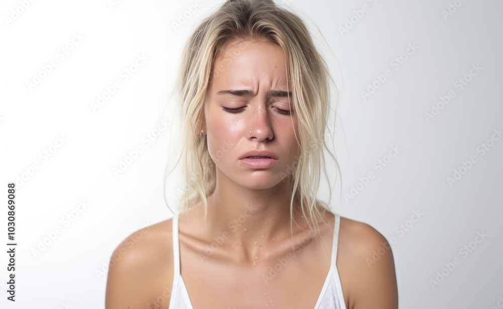 Sad crying Caucasian young woman portrait on white background. Portrait of stressed lady posing in studio. Unhappy girl crying indoors. Young female feeling sad emotions, bulling, domestic violence Sad crying Caucasian young woman portrait on white background. Portrait of stressed lady posing in studio. Unhappy girl crying indoors. Young female feeling sad emotions, bulling, domestic violence