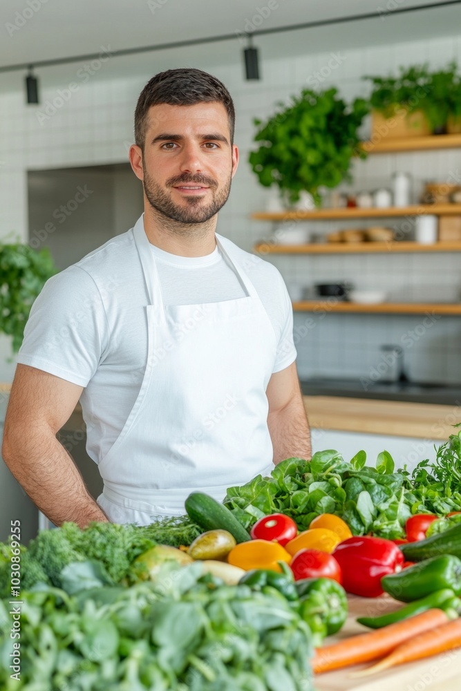 A joyful chef stands confidently in a bright kitchen surrounded by fresh vegetables and greens A joyful chef stands confidently in a bright kitchen surrounded by fresh vegetables and greens