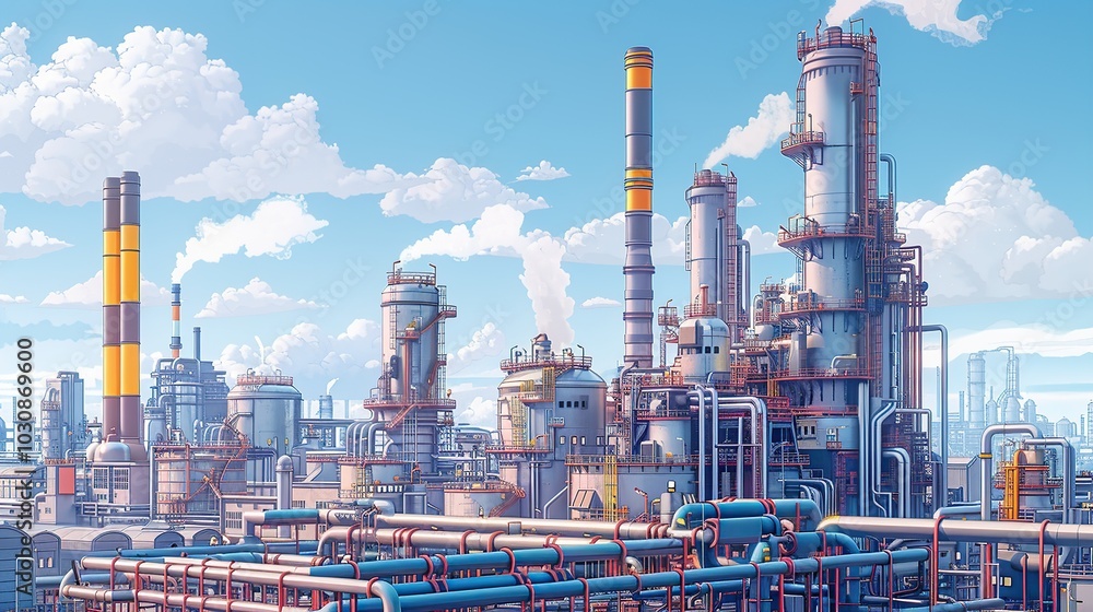 Exterior view of an oil refinery showcasing a tangle of pipes and ducts against industrial buildings and smokestacks. Detailed illustration capturing the essence of the chemical industry. High Exterior view of an oil refinery showcasing a tangle of pipes and ducts against industrial buildings and smokestacks. Detailed illustration capturing the essence of the chemical industry. High