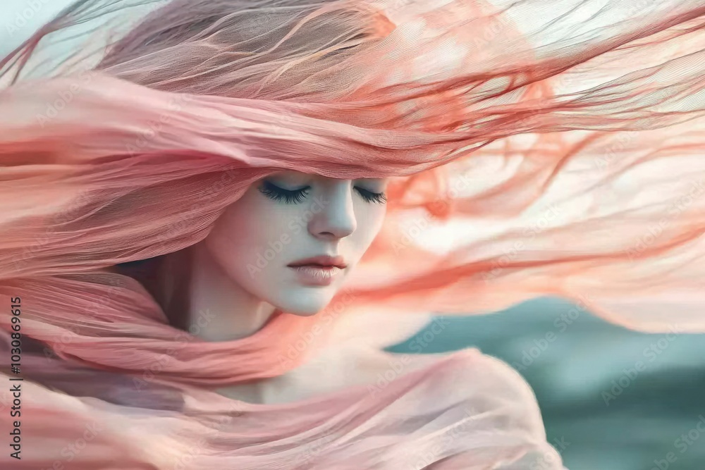 A Woman's Face Partially Obscured by a Flowing Pink Scarf A Woman's Face Partially Obscured by a Flowing Pink Scarf