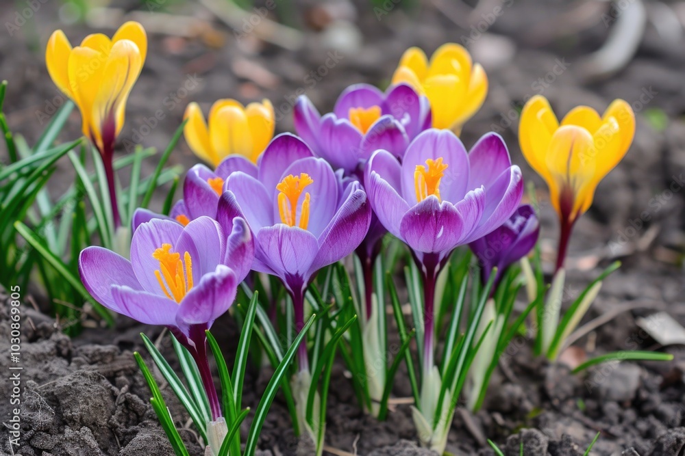 Obraz premium Purple and Yellow Flowers in Dirt