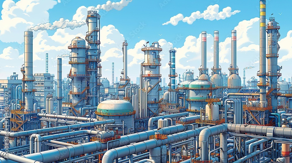 Industrial factory exterior with a maze of pipes and ducts, set against a backdrop of towering smokestacks and buildings. Oil refinery, chemical plant, detailed illustration. High resolution Industrial factory exterior with a maze of pipes and ducts, set against a backdrop of towering smokestacks and buildings. Oil refinery, chemical plant, detailed illustration. High resolution