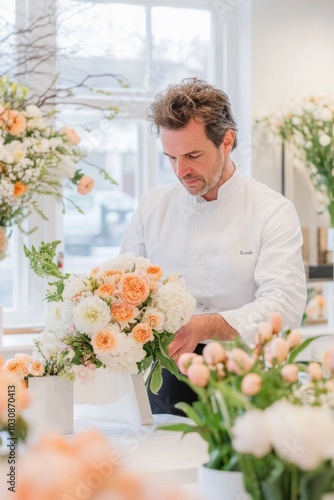 Flower specialist arranging a vibrant bouquet in a bright floral studio during the daylight hours