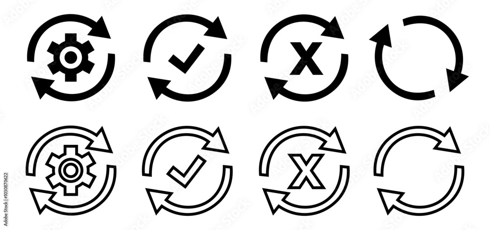 Circle arrow icon set. Symbol of reload, refresh, loading, recycle and repeat. Interconnecting round arrow vector icons set. Work in progress sign. One, two, three, four, five, six arrow in the loop. Circle arrow icon set. Symbol of reload, refresh, loading, recycle and repeat. Interconnecting round arrow vector icons set. Work in progress sign. One, two, three, four, five, six arrow in the loop.