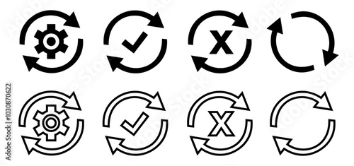 Circle arrow icon set. Symbol of reload, refresh, loading, recycle and repeat. Interconnecting round arrow vector icons set. Work in progress sign. One, two, three, four, five, six arrow in the loop.