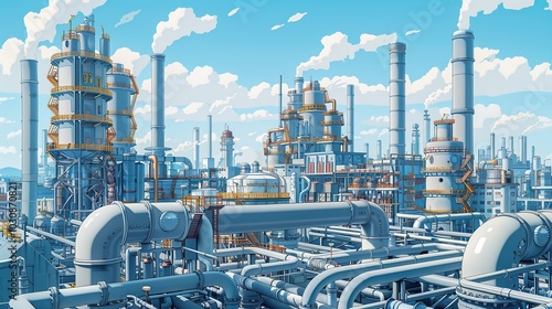 Industrial factory exterior with a maze of pipes and ducts, set against a backdrop of towering smokestacks and buildings. Oil refinery, chemical plant, detailed illustration. High resolution