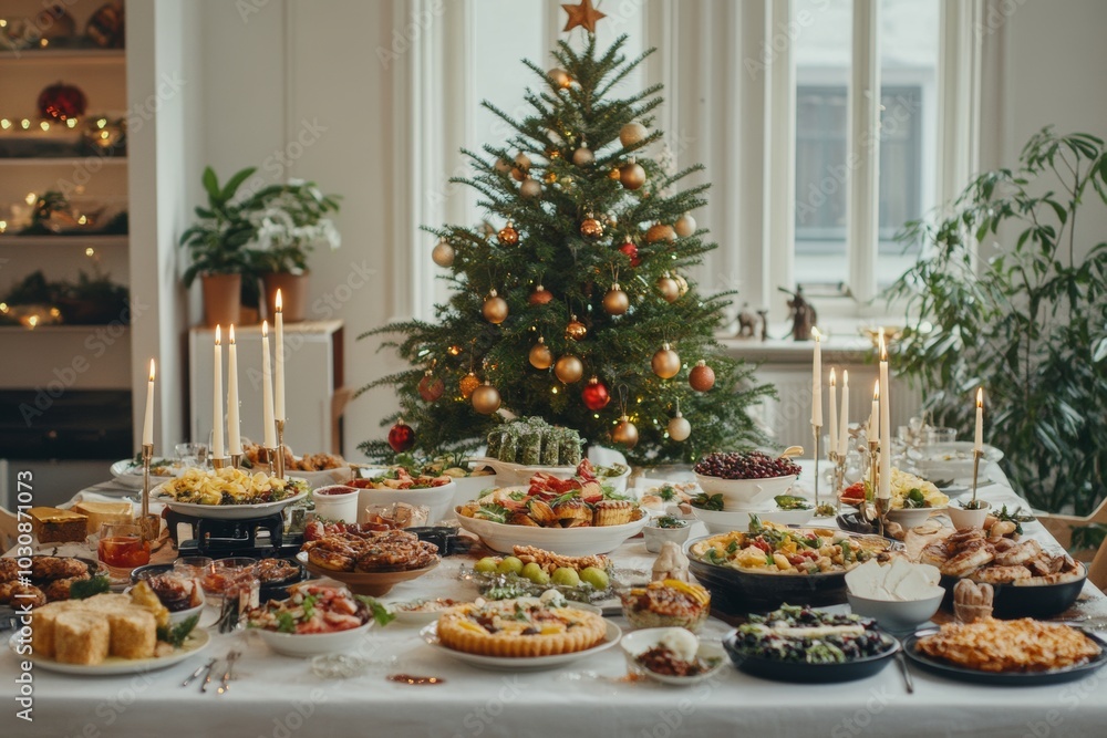 A beautifully decorated Christmas table with a variety of delicious food and a glowing Christmas tree in the background. A beautifully decorated Christmas table with a variety of delicious food and a glowing Christmas tree in the background.