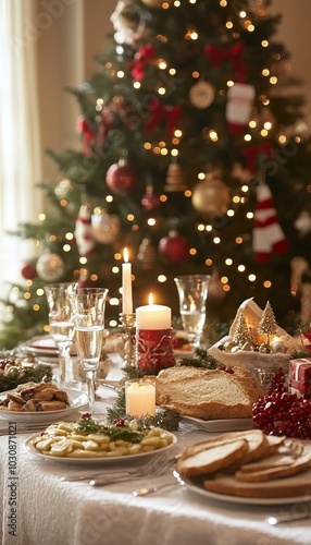 A beautifully decorated Christmas table with a festive centerpiece, featuring a large candle and a variety of holiday-themed decor.