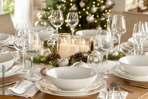 A beautifully set table for a holiday dinner, with white plates, sparkling wine glasses, and a festive centerpiece.