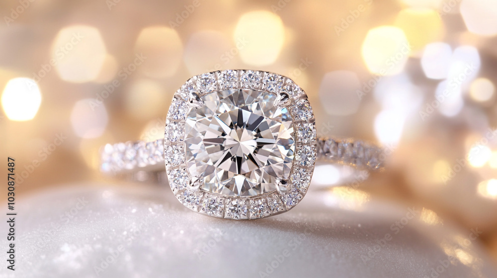 Sparkling Diamond Engagement Ring with Halo Setting on a White Background Sparkling Diamond Engagement Ring with Halo Setting on a White Background
