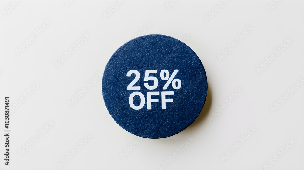 White '25% OFF' Text on a Navy Blue Round Paper Note. White Background with Copy Space White '25% OFF' Text on a Navy Blue Round Paper Note. White Background with Copy Space