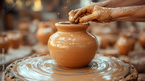 A potter shaping clay on a wheel to create a ceramic vase. photo