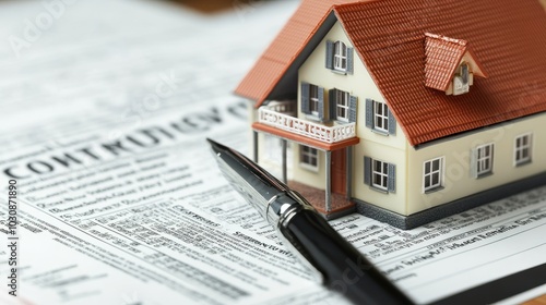 Detailed View of Home Insurance Policy with Model House and Pen, Highlighting Climate Risk Considerations