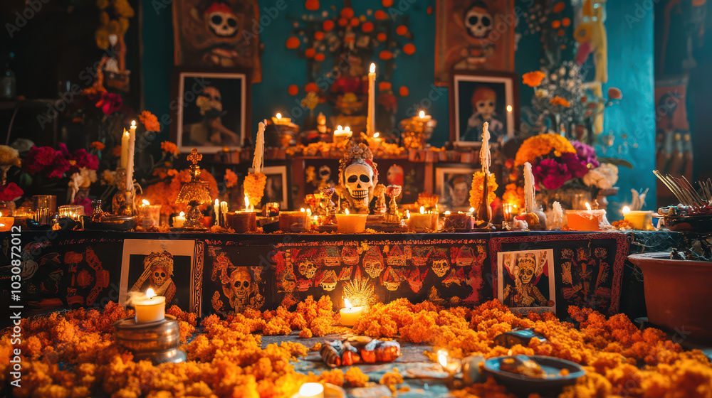 An ornate altar (ofrenda) filled with candles, a minimalist scene of a cemetery with softly glowing altars, with the flickering candles, day of the dead An ornate altar (ofrenda) filled with candles, a minimalist scene of a cemetery with softly glowing altars, with the flickering candles, day of the dead