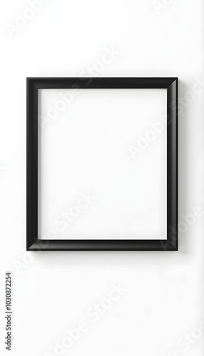 Black rectangular horizontal frame hanging on a white wall mockup 3D rendering isolated with white highlights, png