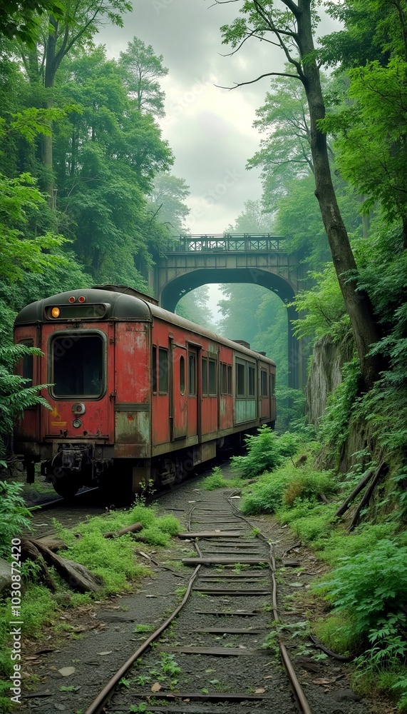 Abandoned red train car on overgrown tracks beneath a rustic bridge in a forest Abandoned red train car on overgrown tracks beneath a rustic bridge in a forest