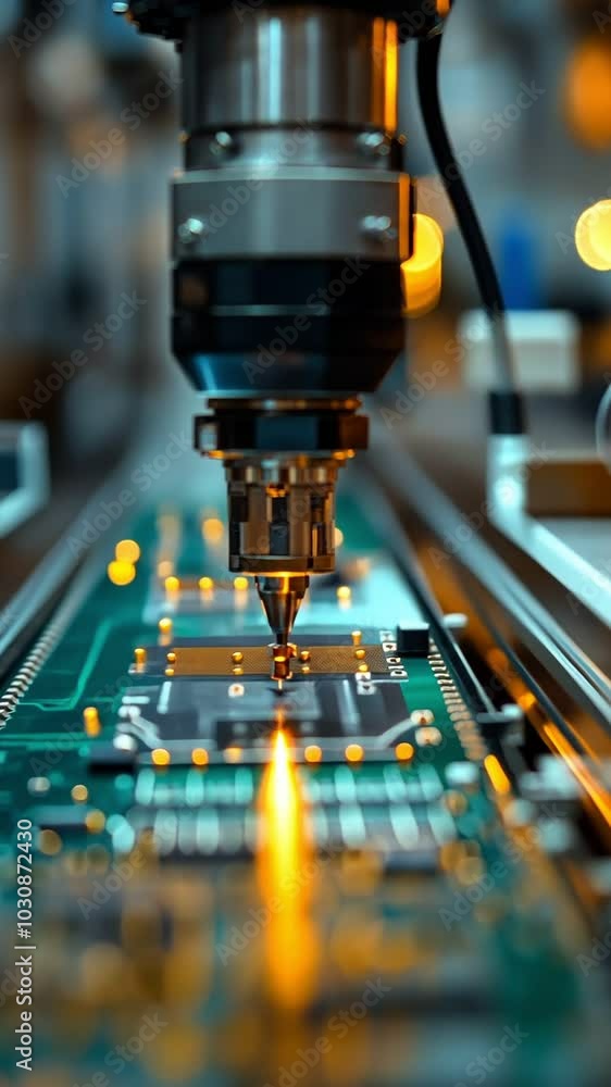 A close-up view showcases a precision machine expertly assembling components onto a circuit board. The intricate technology reflects the automated facility's advanced manufacturing capabilities A close-up view showcases a precision machine expertly assembling components onto a circuit board. The intricate technology reflects the automated facility's advanced manufacturing capabilities