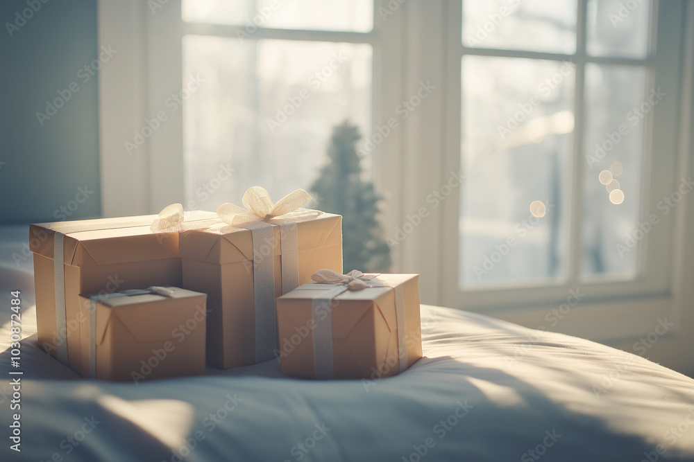 In sunny window background there are tree Christmas gifts. In sunny window background there are tree Christmas gifts.