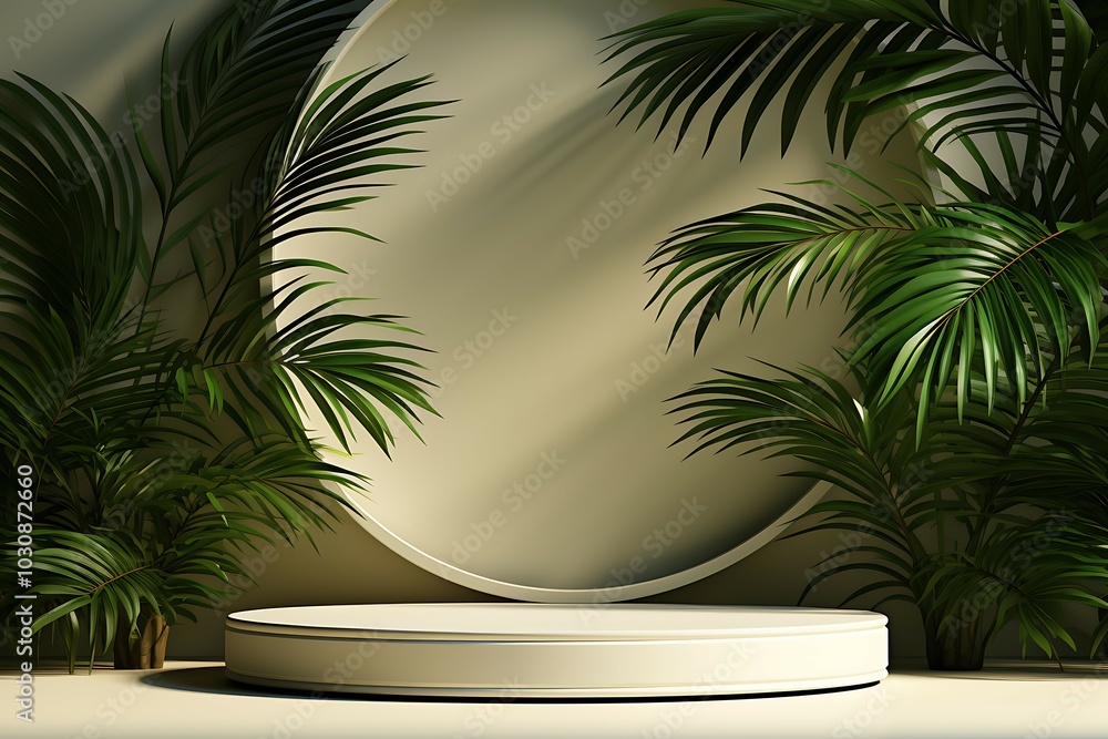 3d render of white round podium with leaves for product display in modern room 3d render of white round podium with leaves for product display in modern room