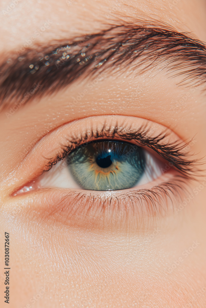 Fototapeta premium Close-up of blue-green eye, eyebrow and light skin, highlighting skin care around the eyes, brow care, hydration, and natural beauty concepts