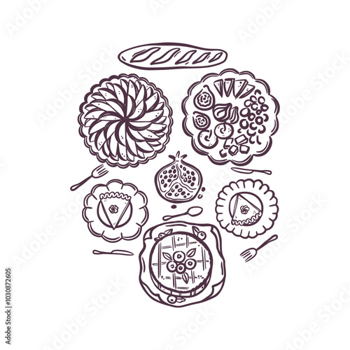 Hand-drawn flat lay autumn composition featuring apple pie, pomegranate, slices of dessert, baked Camembert and antipasti. Black sketch style. Cozy fall season. Isolated vector illustration.