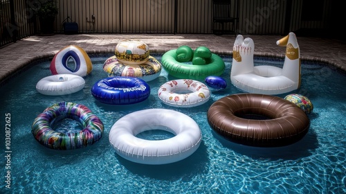 Inflatable Pool Floats and Toys in a Backyard Pool photo