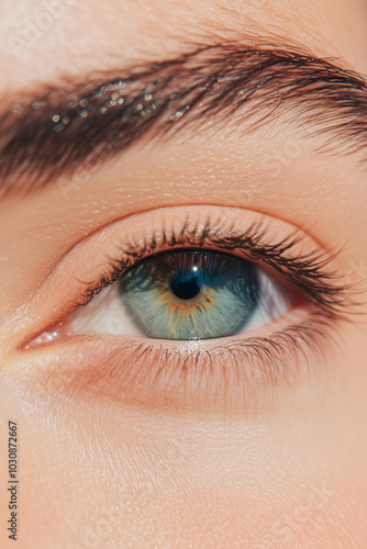 Close-up of blue-green eye, eyebrow and light skin, highlighting skin care around the eyes, brow care, hydration, and natural beauty concepts