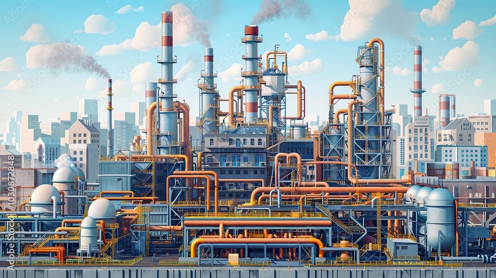 Detailed industrial background featuring an exterior view of a factory with a tangle of pipes and ducts, set against a backdrop of buildings and smokestacks. Oil refinery illustration. High Detailed industrial background featuring an exterior view of a factory with a tangle of pipes and ducts, set against a backdrop of buildings and smokestacks. Oil refinery illustration. High