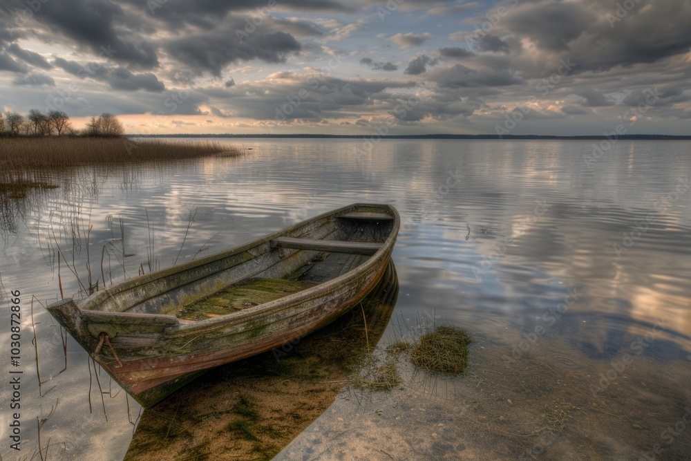 Fototapeta premium Small boat on calm lake