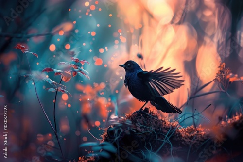 Black bird perched on tree stump