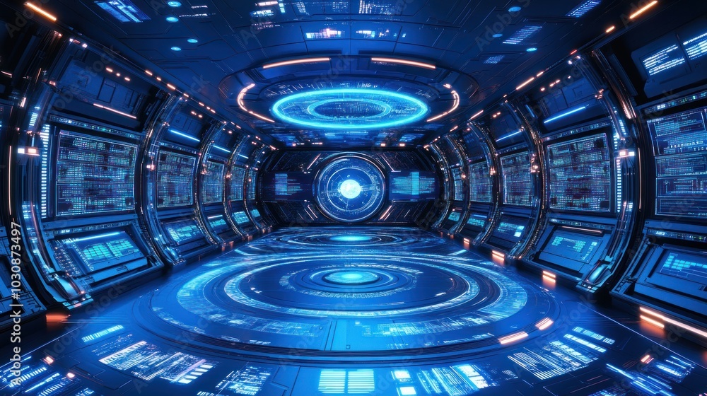 Futuristic Spaceship Interior with Blue and Orange Lighting Futuristic Spaceship Interior with Blue and Orange Lighting