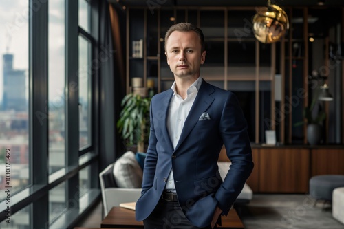 Businessman in a blue suit is standing in a modern office with a view of the city, conveying success and professionalism