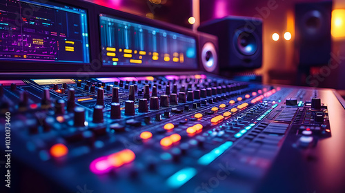 Wallpaper Mural A close-up of a modern audio mixing console with colorful lights. Torontodigital.ca