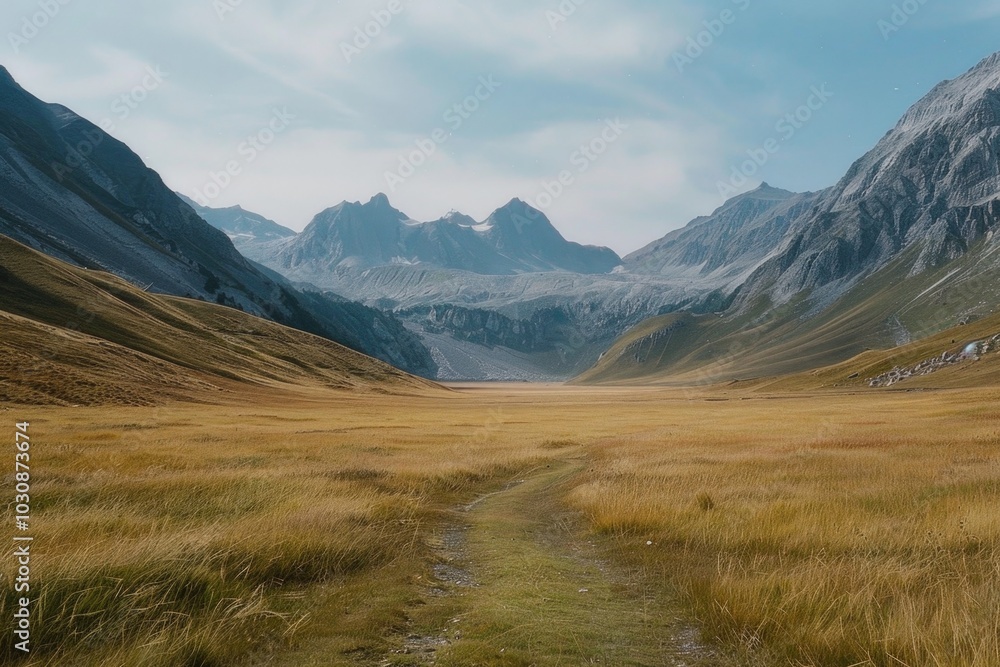 Obraz premium Grassy Field with Mountains