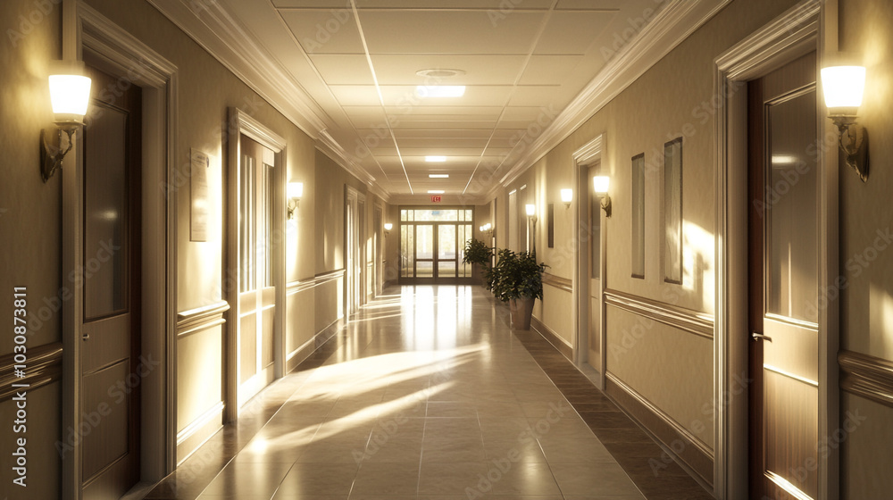 Elegant Hotel Corridor with Sunlight and Doors Elegant Hotel Corridor with Sunlight and Doors