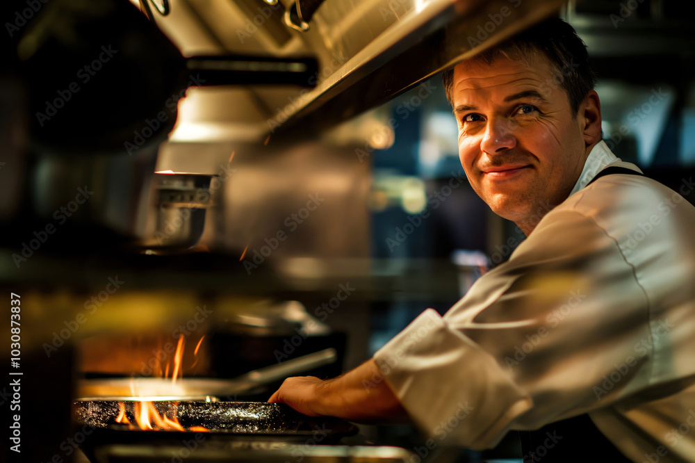 Skilled chef passionately cooks a gourmet dish in a busy restaurant kitchen, showcasing expertise and talent with fresh ingredients over a fiery stove Skilled chef passionately cooks a gourmet dish in a busy restaurant kitchen, showcasing expertise and talent with fresh ingredients over a fiery stove
