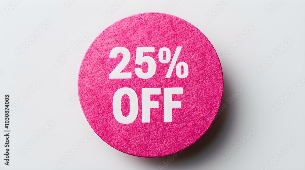 White '25% OFF' Text on a Pink Round Paper Note. White Background with Copy Space White '25% OFF' Text on a Pink Round Paper Note. White Background with Copy Space